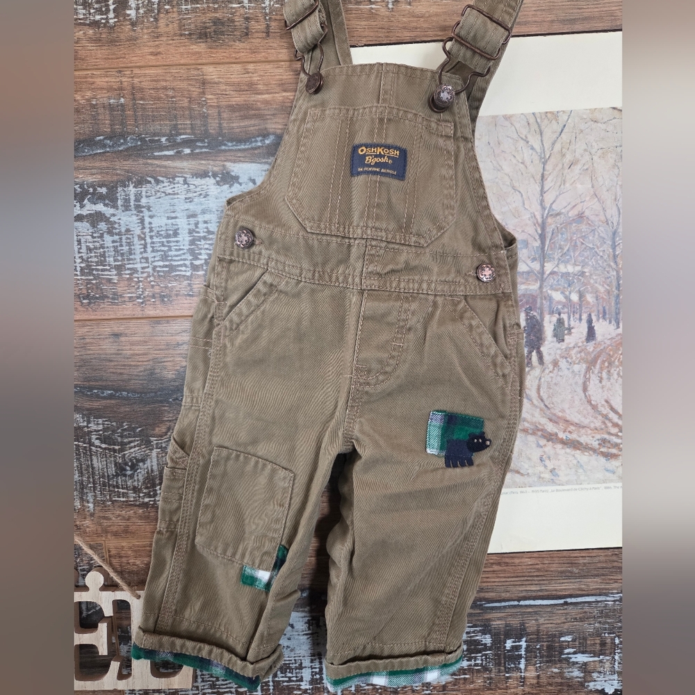 Rare OshKosh B'gosh Khaki Green & Navy Flannel Bear Overalls